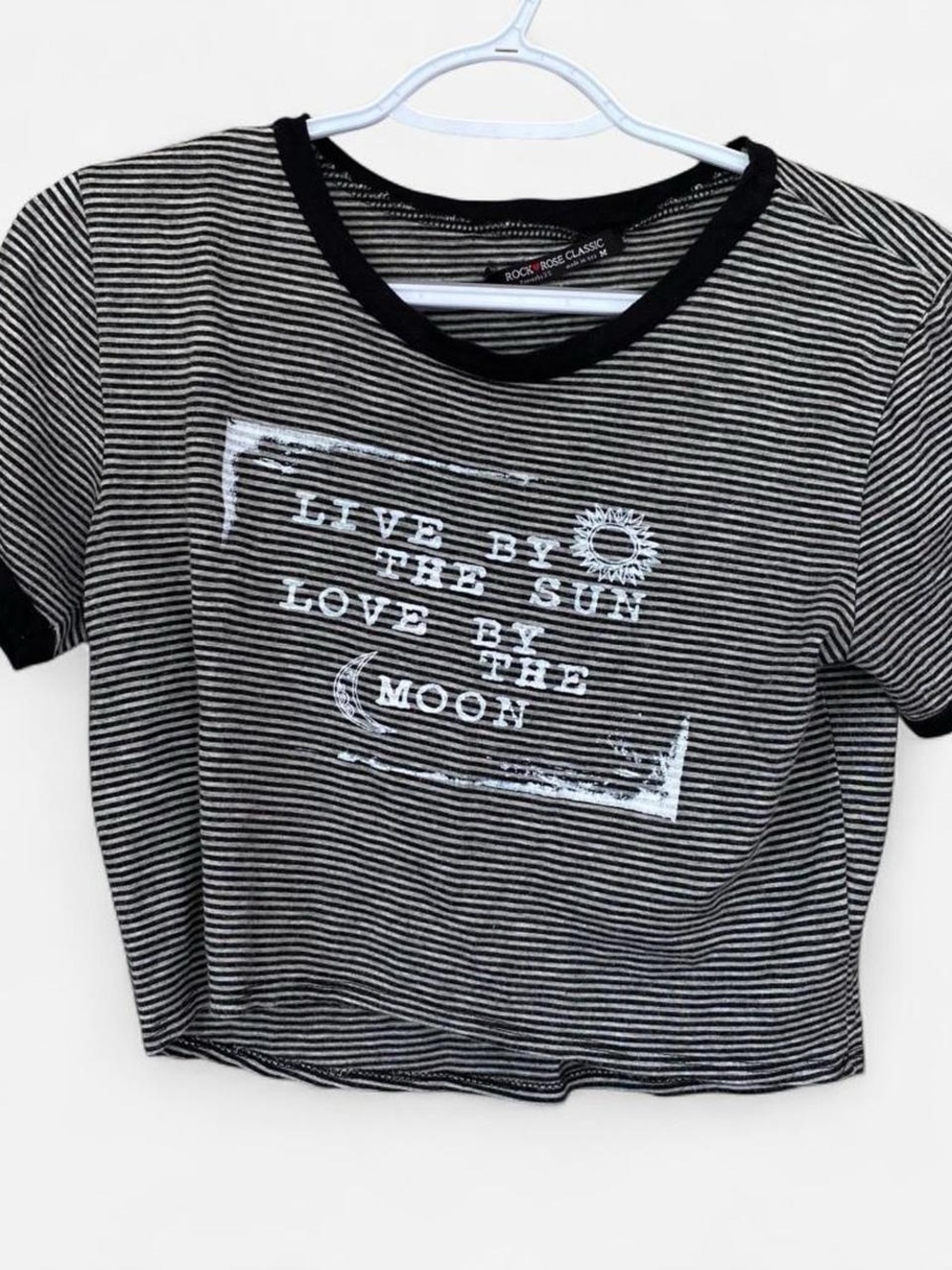 Y2K Striped Crop Top Live by the Sun Love by the Moon Ringer Tee Tumblr Boho Emo - Picture 2 of 8